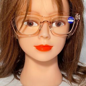 1069 Gretchen Reading Glasses 2.5 Square Clear Pink Frames Oversize NWT